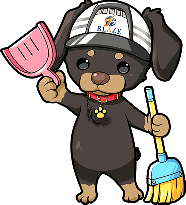 掃除道具を持った犬のキャラクター